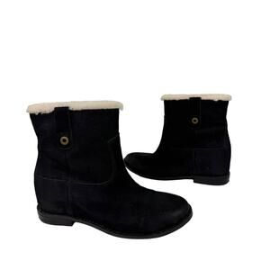 COLE HAAN Zillie Black Suede Leather Shearling Lined Pull On Wedge Booties 6.5